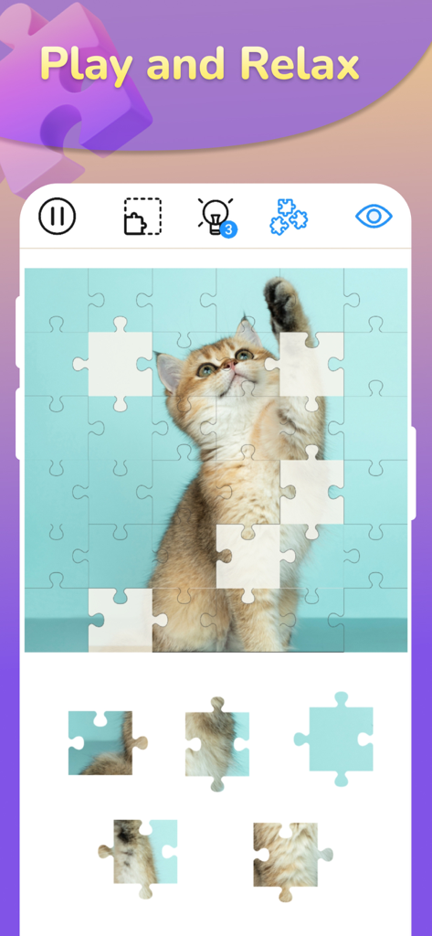 A jigsaw puzzle game interface featuring a cute kitten with pieces to be placed for relaxation