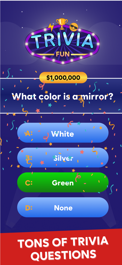 Trivia Fun: Learn & Play - Pantalla del juego Trivia Fun que presenta una pregunta de trivia de un millón de dólares con respuestas de opción múltiple