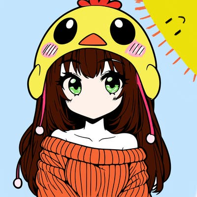 anime girl with chick shaped hat with sweater with bare shoulders with bangs covering them one eye with low tail