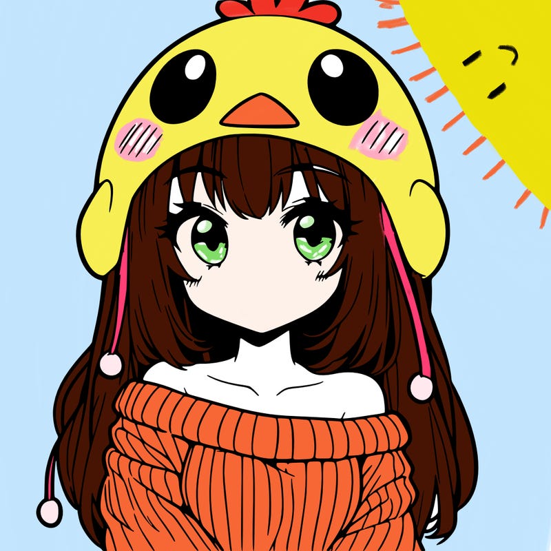 anime girl with chick shaped hat with sweater with bare shoulders with bangs covering them one eye with low tail