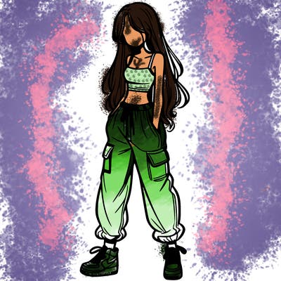 girl in baggy pants crop top and long hair