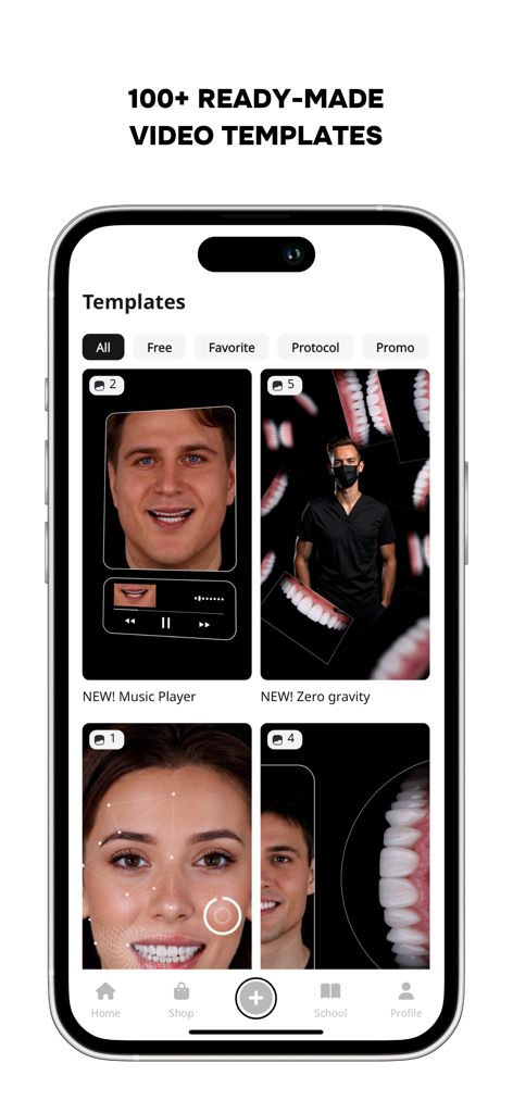 A library of ready-made dental video templates within the Dentiphoto app for professional social media marketing.