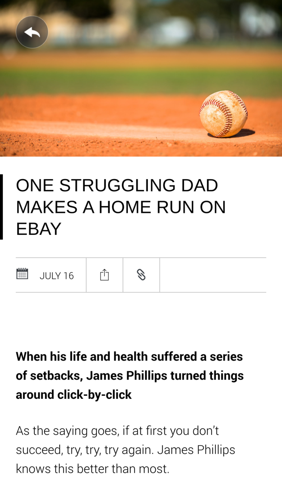Una historia inspiradora en la aplicación 'Somos eBay' sobre un padre que encuentra el éxito titulada 'Un Padre Luchador la Batea de Home Run en eBay'
