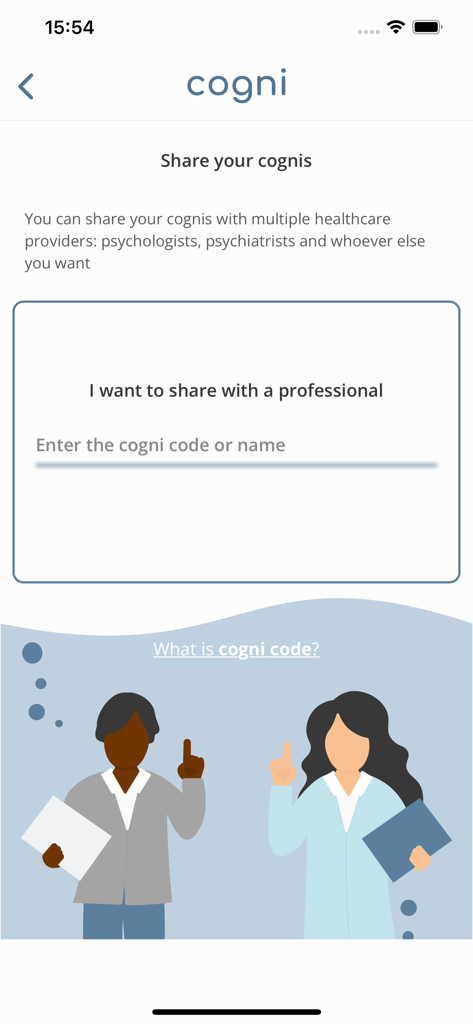 Cogni - Screen showing the Cogni app feature to share therapy records with a healthcare professional