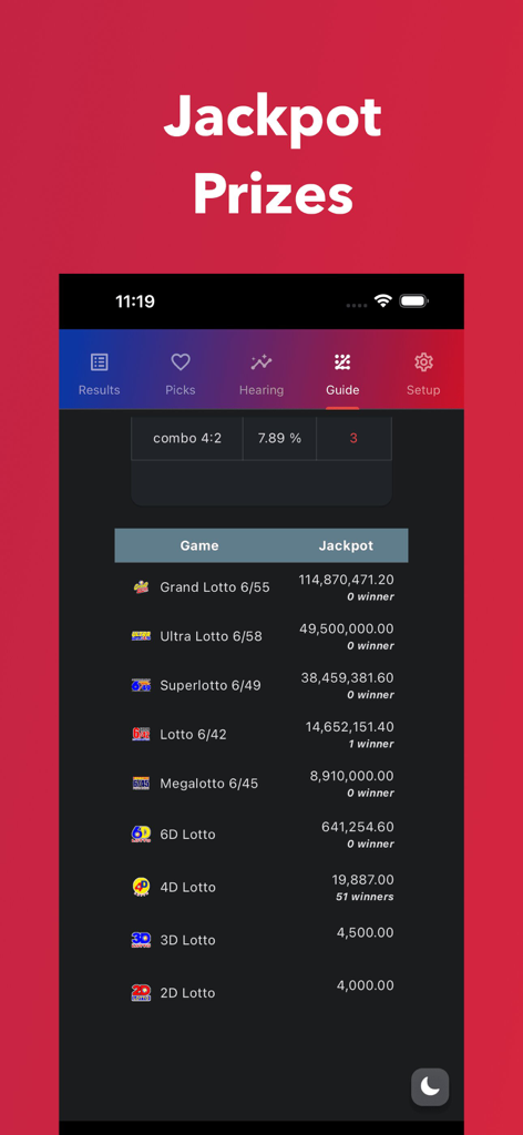 PCSO Lotto Results Guide Live - PCSOロトジャックポット賞金と当選者統計画面