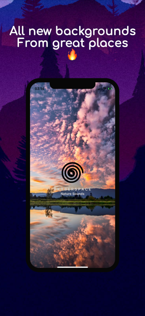 Nature Sounds : Relax & Calm - Captura de pantalla de la app Sonidos de la Naturaleza con un reflejo del atardecer en un lago como fondo.