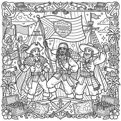 Join a spirited crew of buccaneers as they hoist their Pride flags high! This exciting coloring page blends historical adventure with a vibrant celebration of love and diversity.