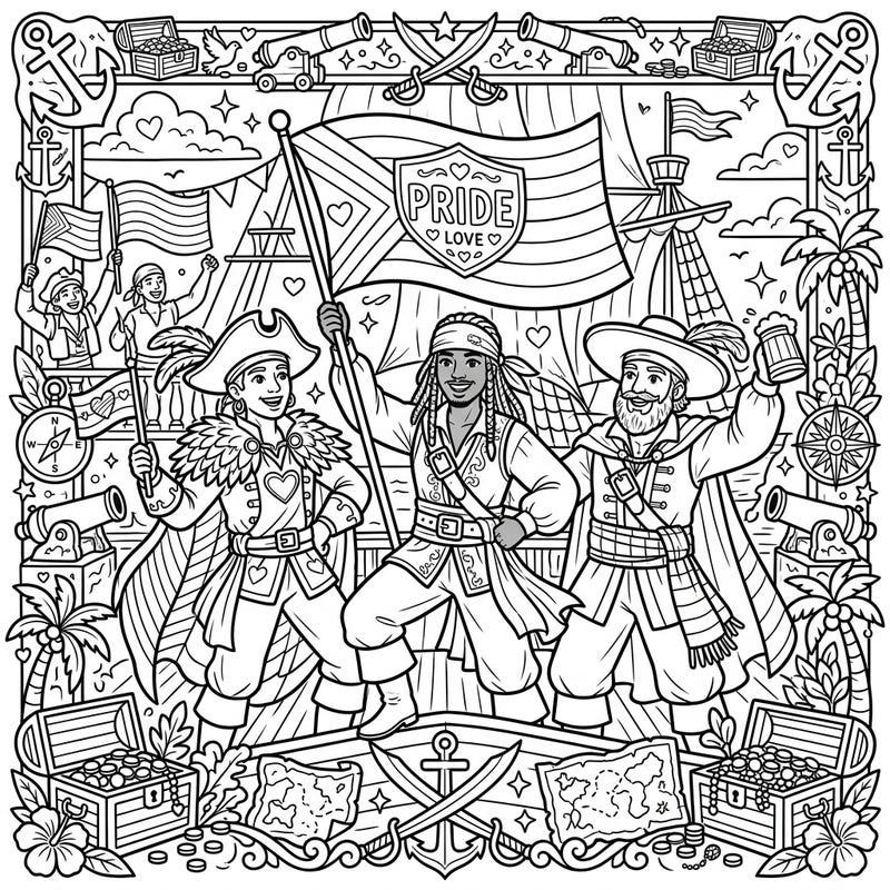 Join a spirited crew of buccaneers as they hoist their Pride flags high! This exciting coloring page blends historical adventure with a vibrant celebration of love and diversity.