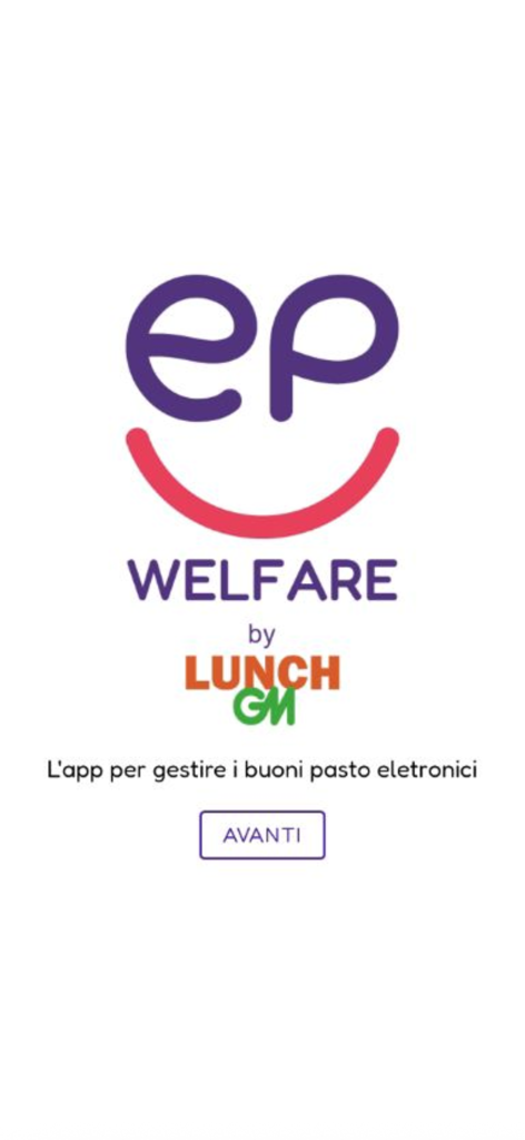 EP Welfare - Schermata iniziale dell'app EP Welfare per la gestione dei buoni pasto elettronici con logo Lunch GM