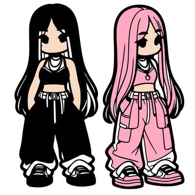 girl in baggy pants crop top and long hair