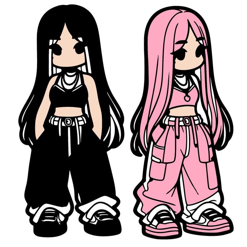 girl in baggy pants crop top and long hair