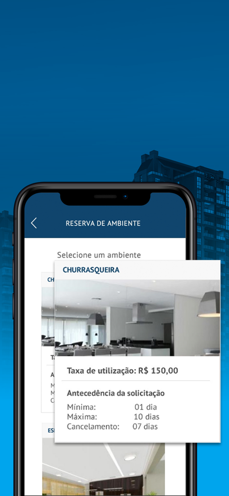 Graiche Condomínios - Graiche Condominos アプリのバーベキューエリア予約インターフェース、価格と予約ルールが表示されています