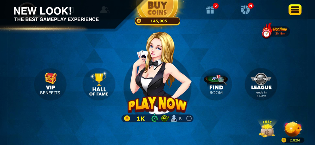 Main menu screen of Capsa Banting New Big2 mobile card game showing the play now button and game modes.