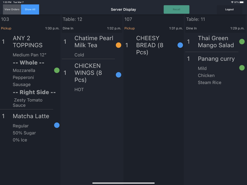 Snappy POS Kitchen Display - Snappy POS Kitchen Display server screen showing active restaurant orders and preparation status.