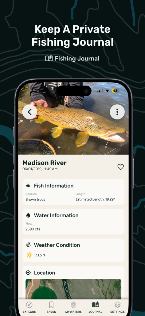 A fishing journal entry in the onWater app featuring a brown trout catch with river flow and weather data