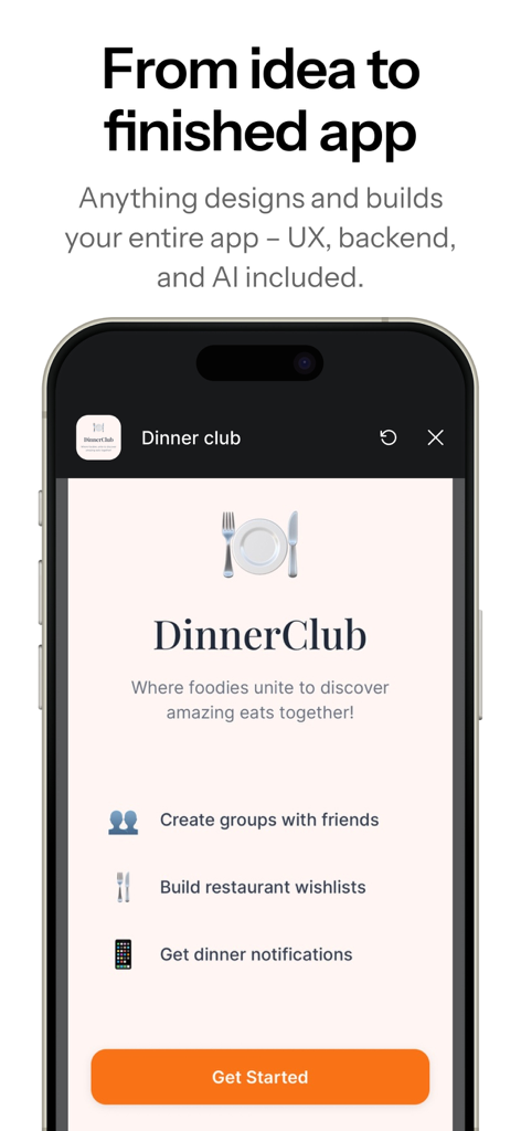 Anything - AI App Builder - Pantalla de iPhone mostrando un prototipo de aplicación social llamado DinnerClub creado con Anything AI App Builder.