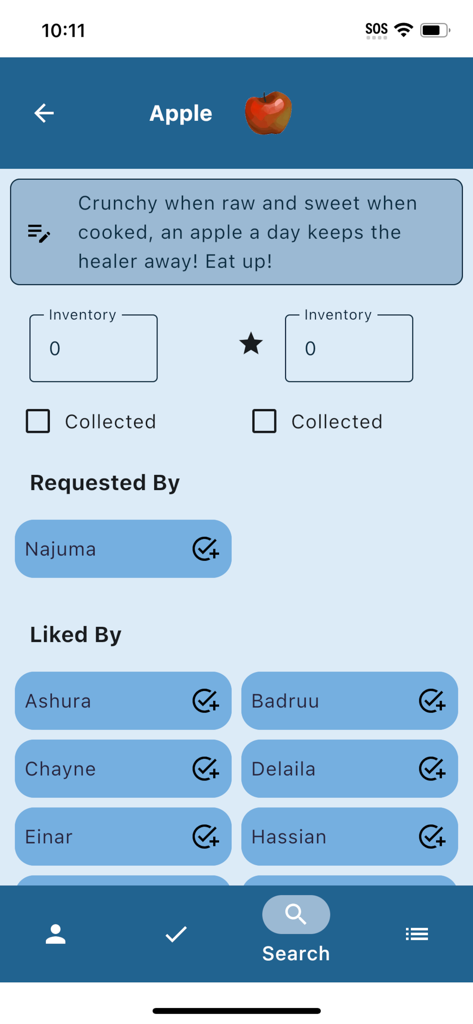 Unofficial Palia Notebook - Captura de pantalla de la aplicación Unofficial Palia Notebook que muestra los detalles del artículo para una manzana, incluido el seguimiento del inventario y las preferencias de regalos de los aldeanos.