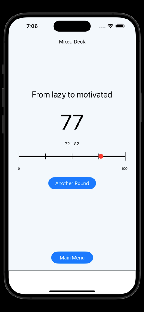 Red Flag Green Flag - Pantalla del juego Red Flag Green Flag que muestra una puntuación de 77 en una escala de perezoso a motivado