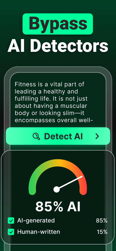 AI Detector app interface showing 85 percent AI detection score