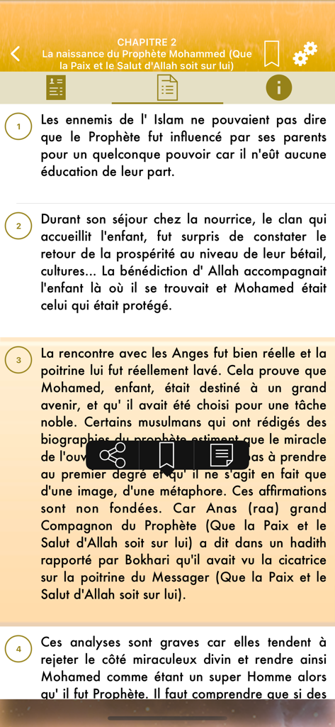Pantalla de lectura de la aplicación As-Sira que muestra párrafos numerados sobre la vida del Profeta Mahoma en francés.
