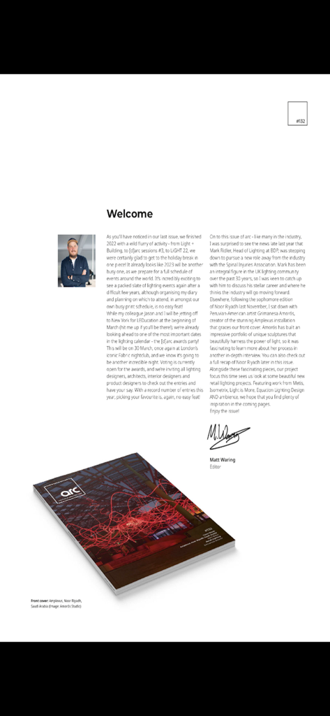 arc Magazine - Welcome page of arc Magazine featuring an editor note by Matt Waring and the issue cover.