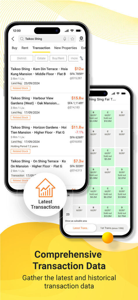 Interface d'application mobile affichant l'historique complet des transactions immobilières et les données sur les prix de l'immobilier à Hong Kong.