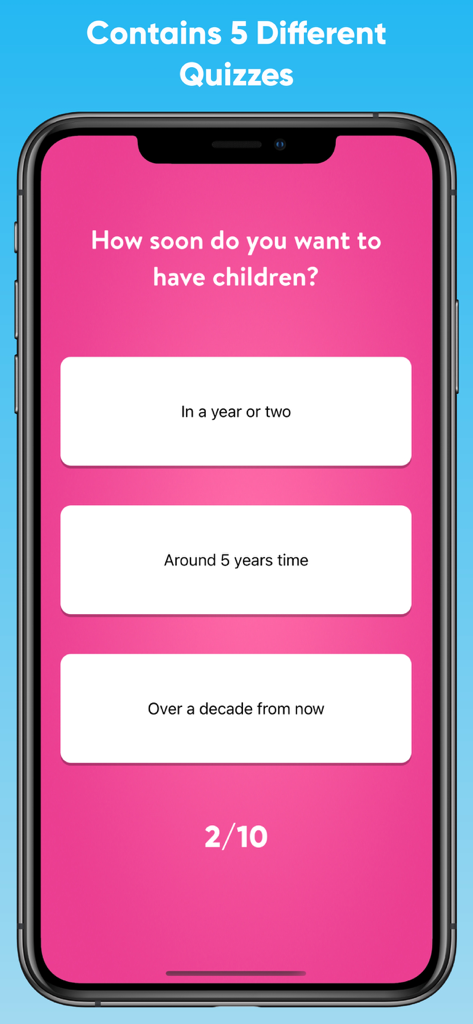 Una captura de pantalla de una pregunta de cuestionario de estilo de vida preguntando cuán pronto el usuario desea tener hijos con varias opciones de respuesta múltiple sobre un fondo rosa.