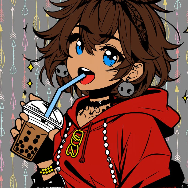 hot baddie anime girl drinking boba and biting the straw