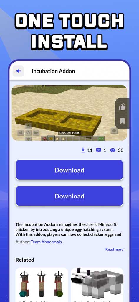 CraftyBox Addon World for MCPE - Mobile app screen showing the one touch install feature for a Minecraft PE incubation addon