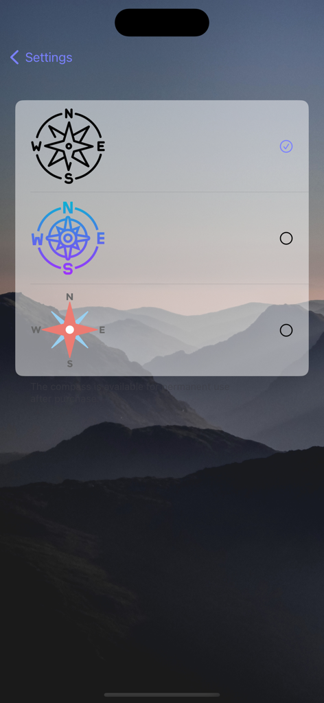 Altimeter GPS Barometer - Settings screen showing different compass icon design options in the Altimeter GPS Barometer app