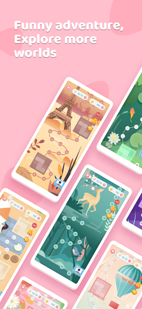 Pantallas de la aplicación móvil que muestran mapas de niveles temáticos en el juego de rompecabezas de imágenes Nonogram