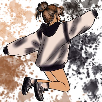 realistic girl jumping with a bun and oversized sweatshirt