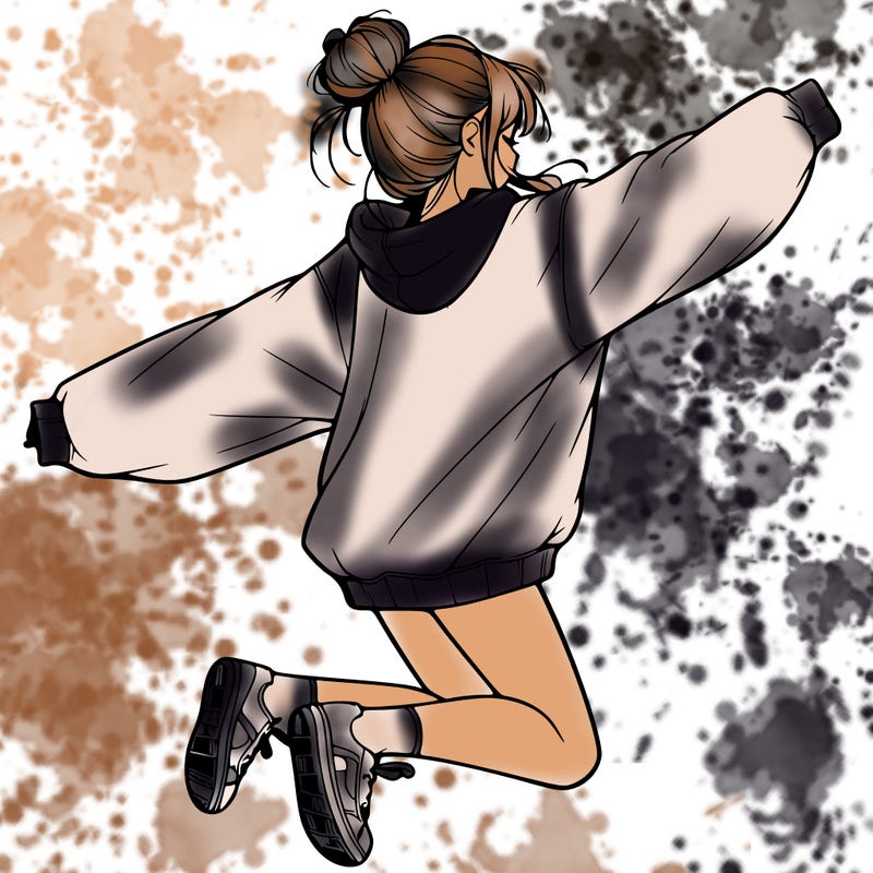 realistic girl jumping with a bun and oversized sweatshirt