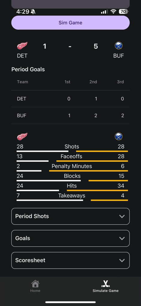 모바일 앱 인터페이스, 디트로이트와 버팔로 간의 경기에 대한 NHL 게임 시뮬레이션 결과 및 팀 통계 표시