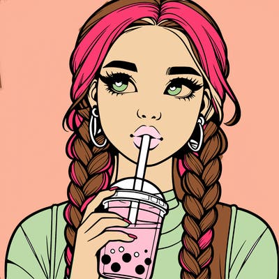 realistic girl with braided hair drinking boba