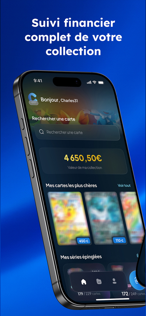 Cardzia - Scan & valeur TCG - Cardzia app screen showing total pokemon collection value and most expensive cards