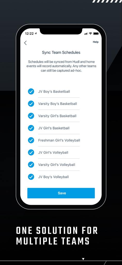 Interface of the Hudl Focus app for syncing schedules of multiple basketball and volleyball teams for automated recording