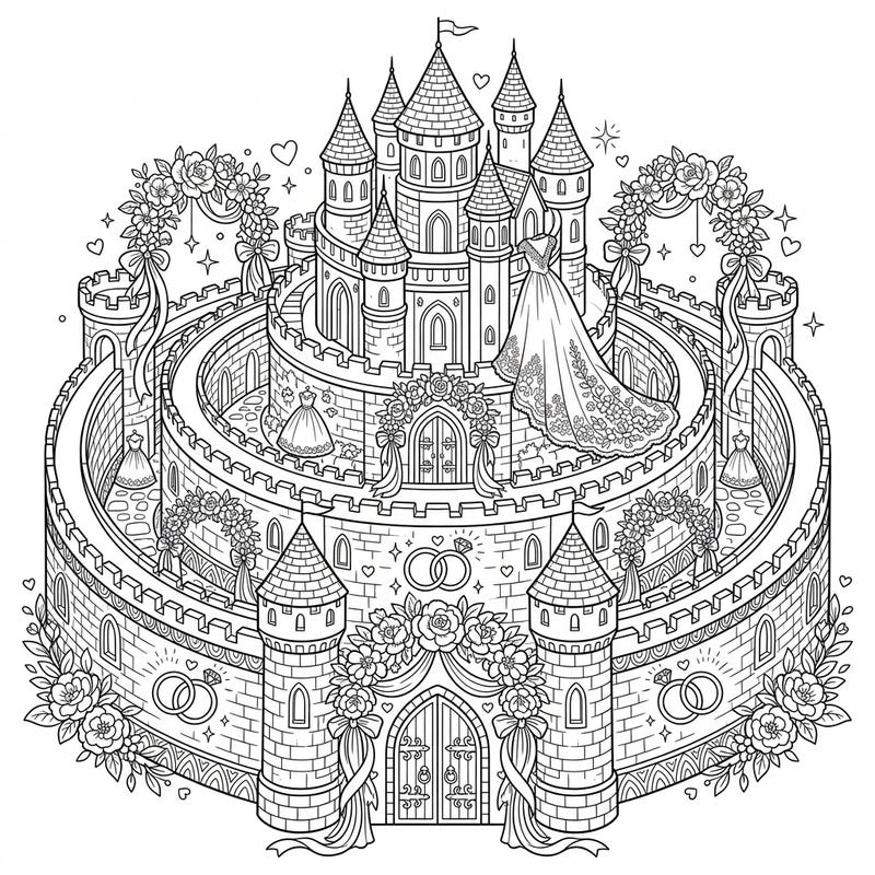 Step into a fairytale with this intricate coloring page featuring a grand concentric castle lavishly adorned for a wedding. Discover elegant floral arches, beautiful gowns, and sparkling rings as you bring this royal celebration to life.