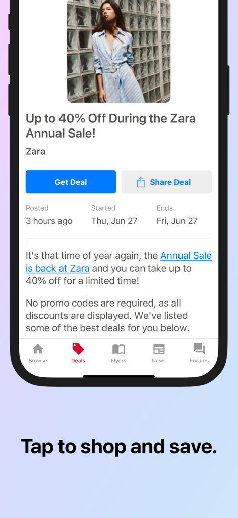 RedFlagDeals mobile app interface showing a Zara annual sale deal with a discount offer.