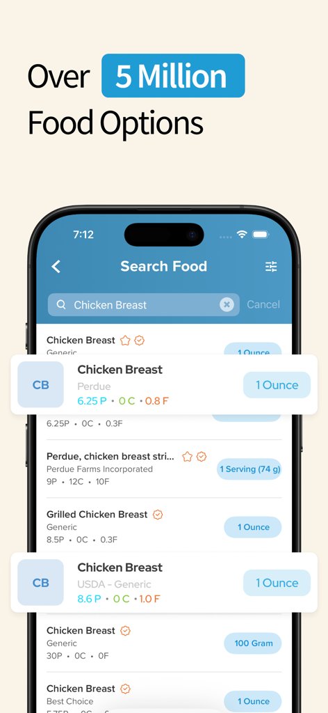 My Macros plus app food search interface displaying a database of over five million food options with macro details.