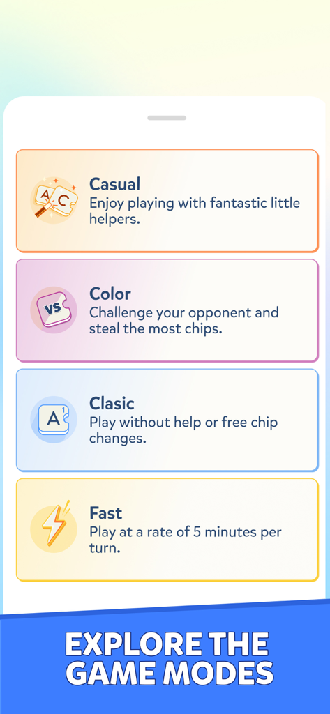Una lista de modos de juego de Word Crack incluyendo Casual Color Clásico y Rápido con descripciones e iconos.