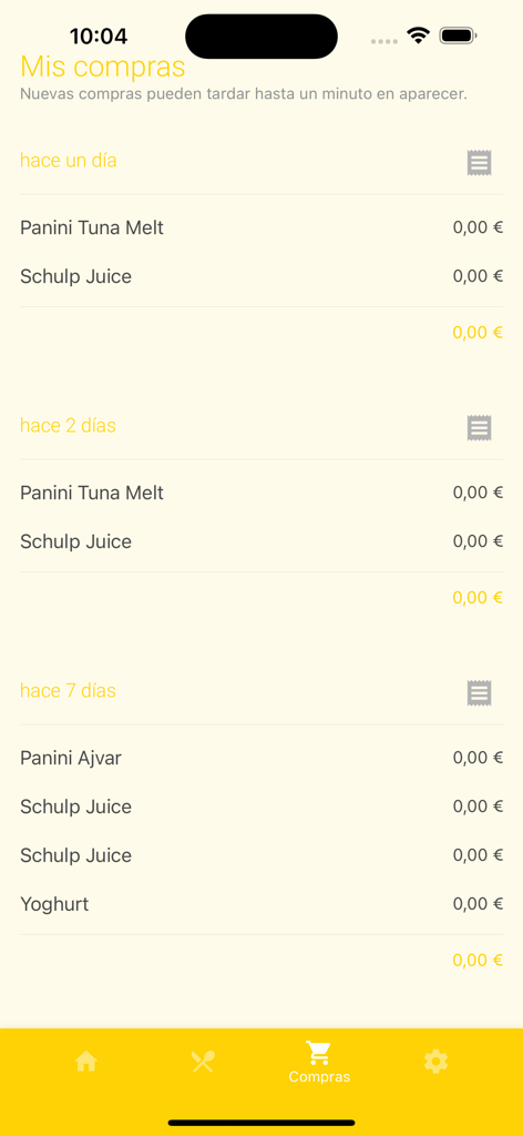 Una pantalla móvil que muestra una lista detallada de compras pasadas de alimentos y bebidas de un frigorífico inteligente Clean Meal.