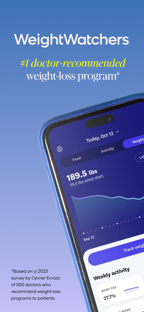WeightWatchers Program - Interfaz de la aplicación WeightWatchers que muestra un gráfico de progreso de peso y una recomendación del programa por médicos