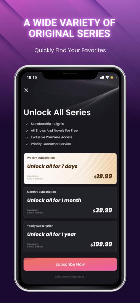 SnackShort app subscription interface showing weekly monthly and yearly plans to unlock all original short dramas.