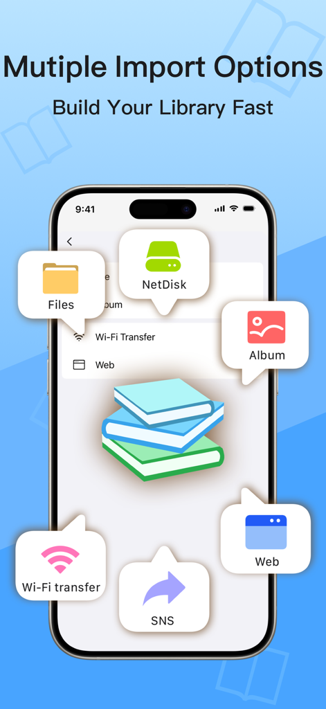 KRed Reader app interface showcasing multiple import options like Wi-Fi transfer NetDisk and Web