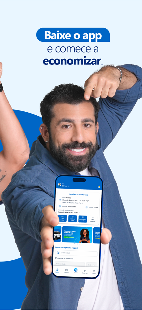 Unidas Aluguel de Carros - 예약 세부 정보가 포함된 Unidas 렌터카 앱 인터페이스를 보여주는 스마트폰을 들고 있는 남성