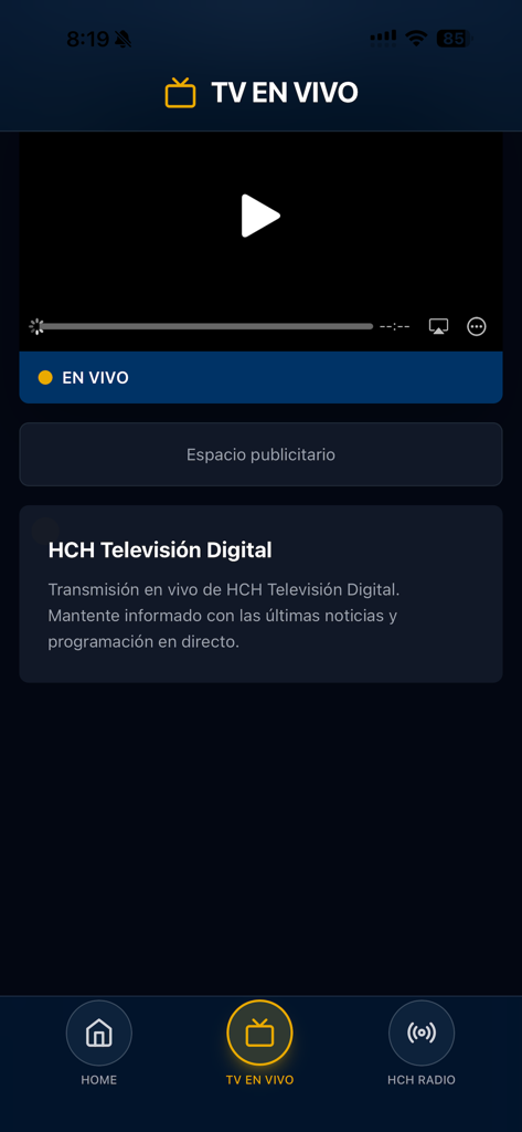 HCH TV - HCH TV app live streaming interface for Honduran news and entertainment