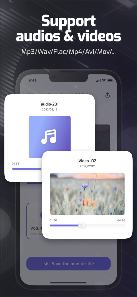 Interfaz de la aplicación Sound Booster que muestra compatibilidad con varios formatos de archivo de audio y video como MP3 y MP4