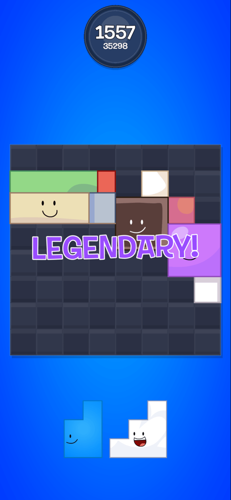 BFDI Blast puzzle gameplay screen with character blocks and legendary text