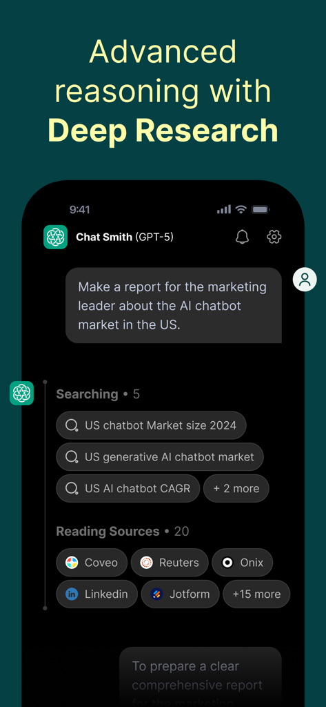Interface of Chat Smith app showing the Deep Research feature conducting market analysis with sources like Reuters and LinkedIn.